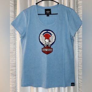 Harley-Davidson Light Blue Tee with Red & Navy Eagle Emblem